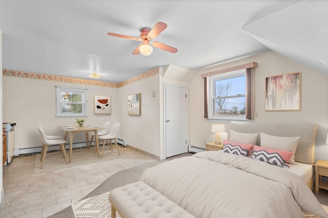 tiled bedroom featuring ceiling fan, a baseboard radiator, and lofted ceiling