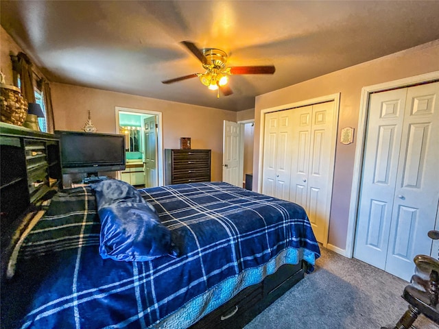 bedroom featuring multiple closets, ceiling fan, and carpet floors