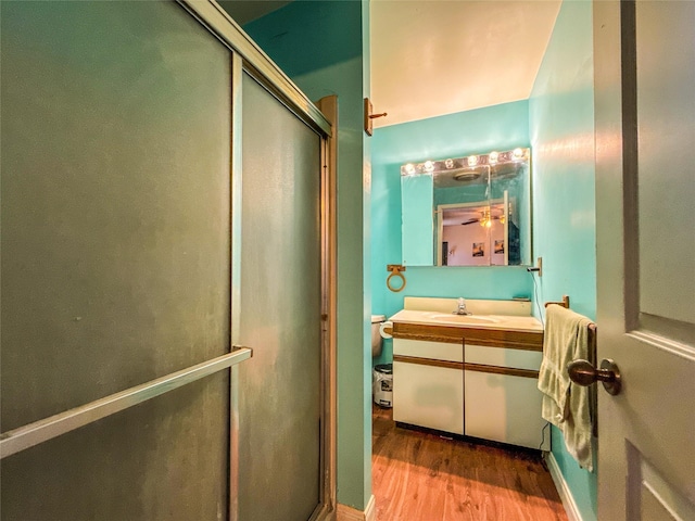 bathroom with vanity, hardwood / wood-style floors, and a shower with shower door