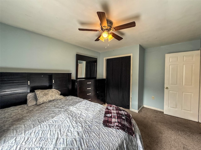 bedroom featuring carpet floors, ceiling fan, and a closet