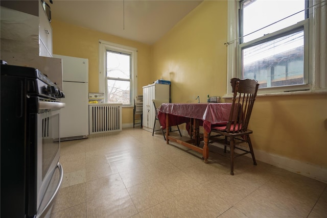 dining space with radiator and vaulted ceiling