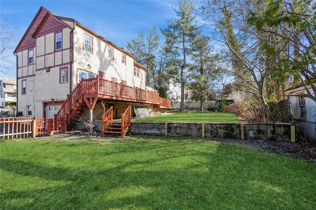 back of property with a wooden deck and a yard