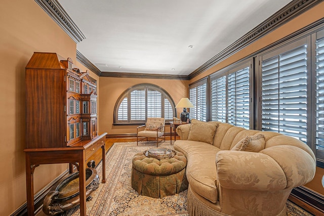 183 Mill Spring Rd, Manhasset, NY 11030 - living room with wood finished floors, baseboards, and ornamental molding