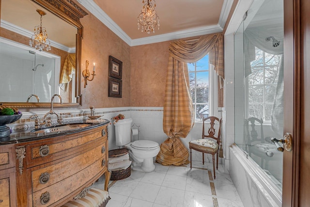 183 Mill Spring Rd, Manhasset, NY 11030 - bathroom featuring tile walls, toilet, marble finish floor, an inviting chandelier, and enclosed tub / shower combo