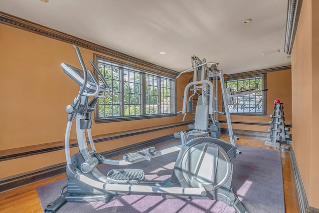 183 Mill Spring Rd, Manhasset, NY 11030 - workout room with baseboards, recessed lighting, and wood finished floors