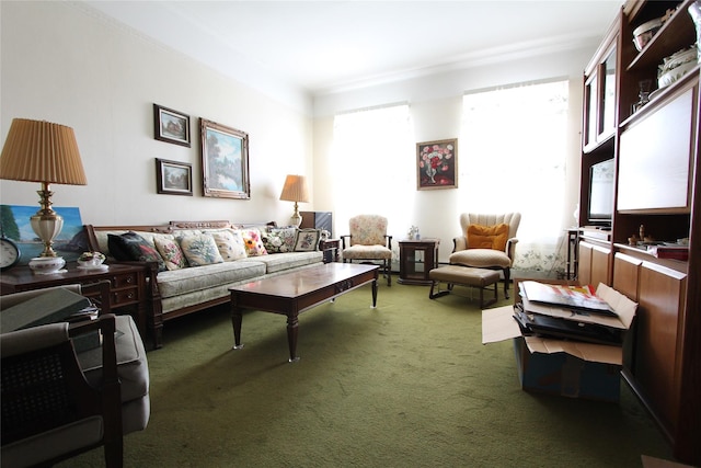 living room with ornamental molding and carpet floors