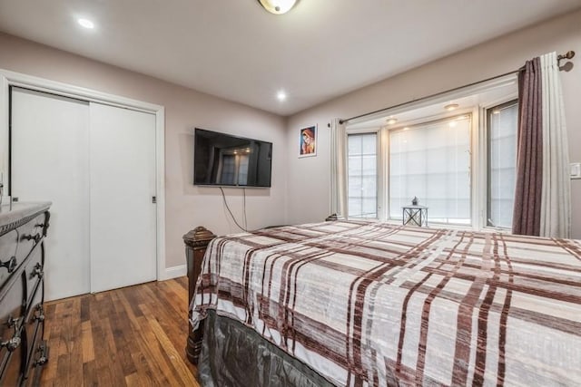 bedroom featuring dark wood-type flooring and a closet