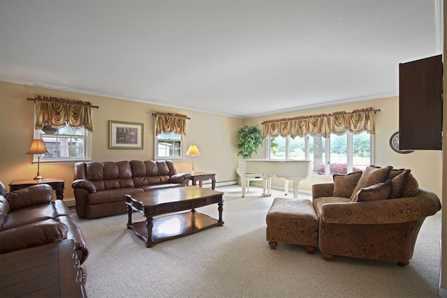1 Lake Dr, Middle Island, NY 11953 - carpeted living room with a baseboard heating unit and ornamental molding