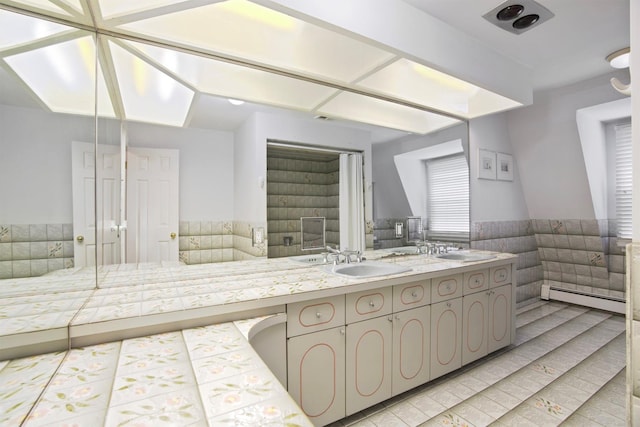 1 Lake Dr, Middle Island, NY 11953 - bathroom featuring a baseboard radiator, double vanity, and a shower with shower curtain