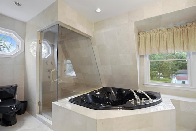 1 Lake Dr, Middle Island, NY 11953 - bathroom featuring tile walls, a shower stall, a whirlpool tub, recessed lighting, and tile patterned floors