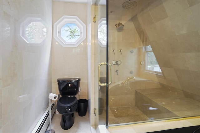1 Lake Dr, Middle Island, NY 11953 - bathroom with tile walls, a stall shower, plenty of natural light, tile patterned floors, and baseboard heating