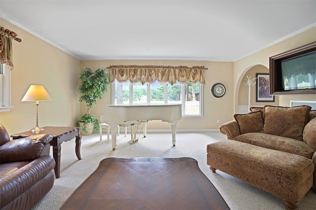 1 Lake Dr, Middle Island, NY 11953 - carpeted living area featuring crown molding and arched walkways
