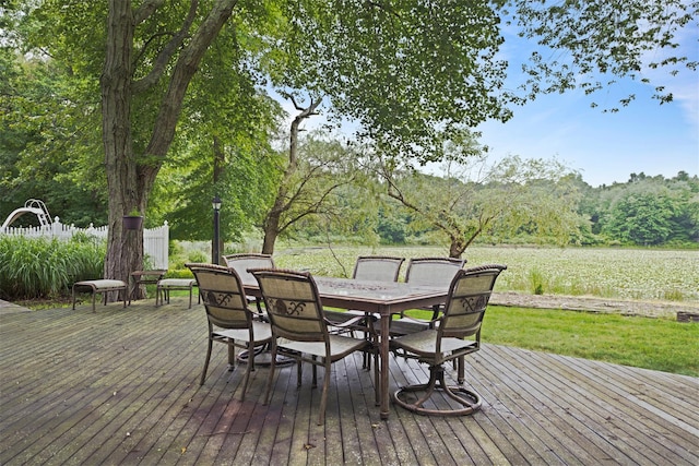 1 Lake Dr, Middle Island, NY 11953 - wooden deck with outdoor dining area and a forest view