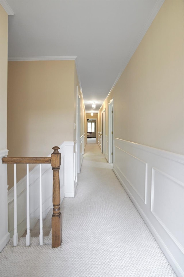 1 Lake Dr, Middle Island, NY 11953 - hall featuring light colored carpet, crown molding, a wainscoted wall, a decorative wall, and an upstairs landing