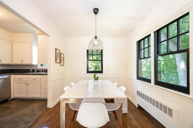 dining area with radiator, dark hardwood / wood-style floors, a wealth of natural light, and sink