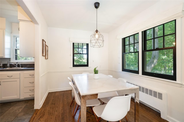 dining space with dark hardwood / wood-style flooring, radiator, and sink