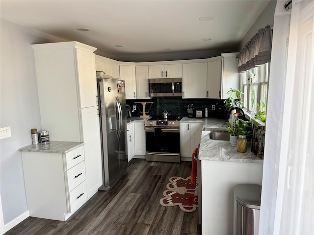 kitchen featuring sink, white cabinetry, dark hardwood / wood-style flooring, stainless steel appliances, and decorative backsplash