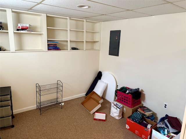 misc room with carpet flooring, a paneled ceiling, and electric panel