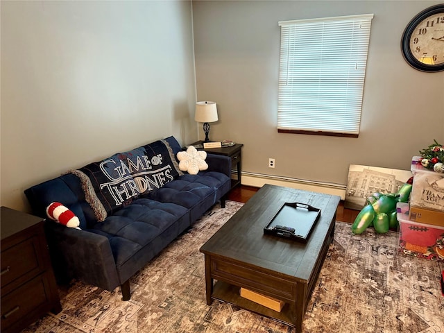 living room featuring wood-type flooring and a baseboard heating unit