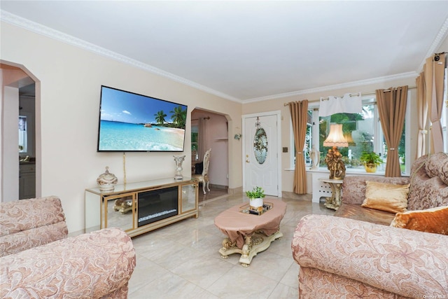 tiled living room with crown molding