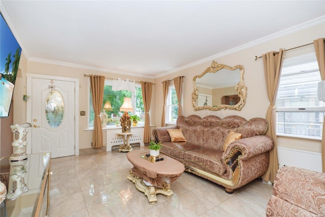 living room with crown molding and a baseboard heating unit