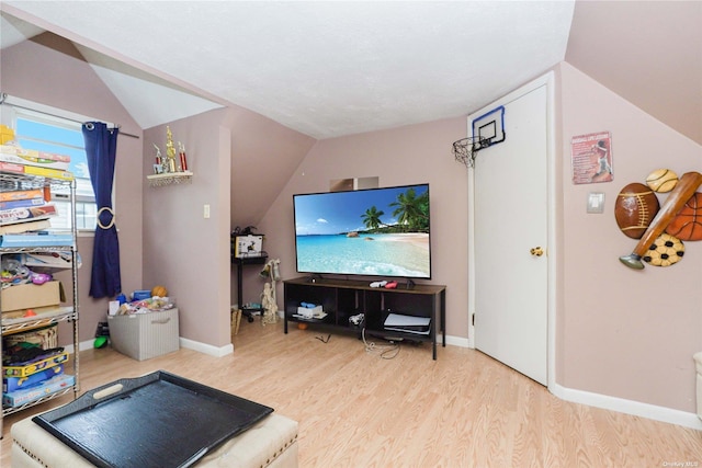 interior space featuring vaulted ceiling and light hardwood / wood-style floors