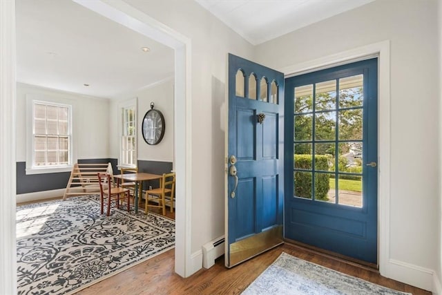 foyer entrance with a baseboard heating unit, a wealth of natural light, and hardwood / wood-style floors