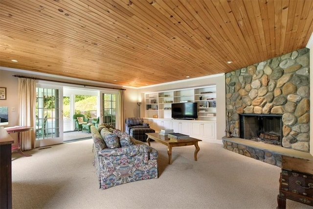 living room with crown molding, light carpet, wood ceiling, and a fireplace