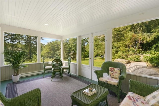 sunroom / solarium with a baseboard heating unit and wooden ceiling