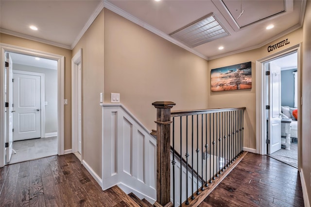 hall featuring crown molding and dark hardwood / wood-style floors