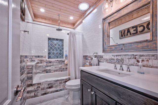 full bathroom featuring wood ceiling, tile walls, vanity, shower / bath combination with curtain, and toilet