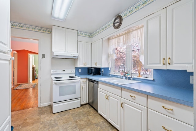 kitchen with dishwasher, sink, white electric range, and white cabinets