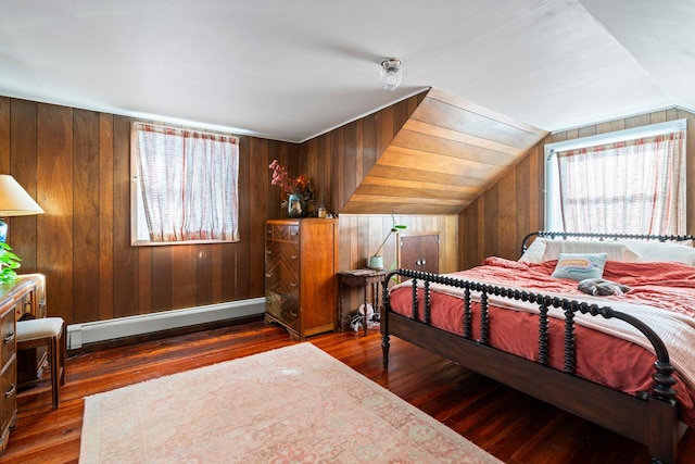 bedroom featuring dark wood-type flooring, a baseboard radiator, lofted ceiling, and wooden walls