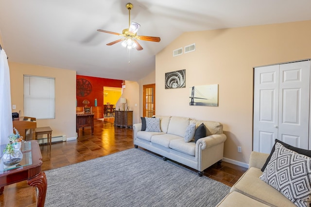 living room with vaulted ceiling, baseboard heating, visible vents, and a ceiling fan