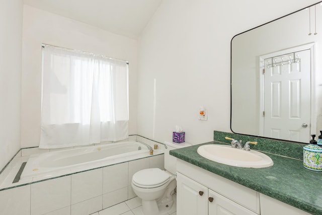 full bathroom with lofted ceiling, a garden tub, vanity, and toilet