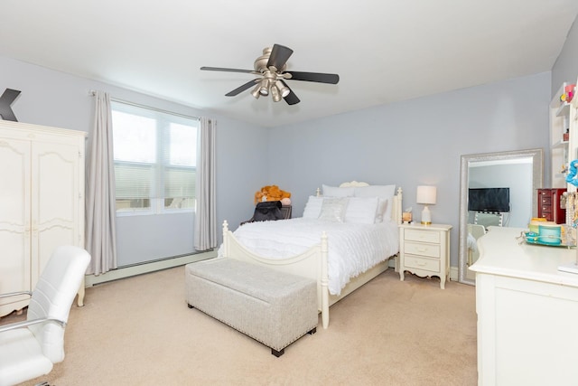 bedroom with a ceiling fan, a baseboard radiator, and light colored carpet