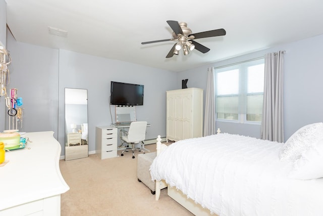 bedroom featuring a baseboard heating unit, ceiling fan, baseboards, and light colored carpet