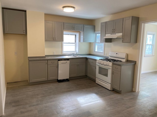 kitchen featuring sink, gray cabinetry, white appliances, and light wood-type flooring