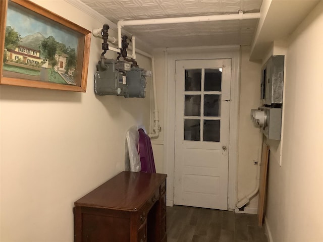 doorway featuring dark wood-type flooring