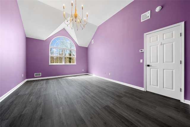 33 Potter Ln, Huntington, NY 11743 - unfurnished dining area featuring vaulted ceiling, dark wood-style flooring, a chandelier, and visible vents