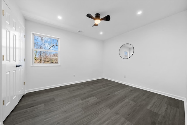 33 Potter Ln, Huntington, NY 11743 - spare room featuring ceiling fan, baseboards, dark wood-type flooring, visible vents, and recessed lighting