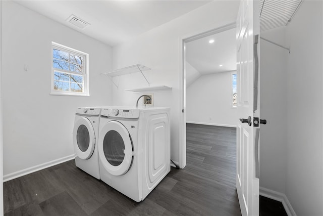 33 Potter Ln, Huntington, NY 11743 - clothes washing area featuring baseboards, visible vents, washer and dryer, and dark wood-style flooring