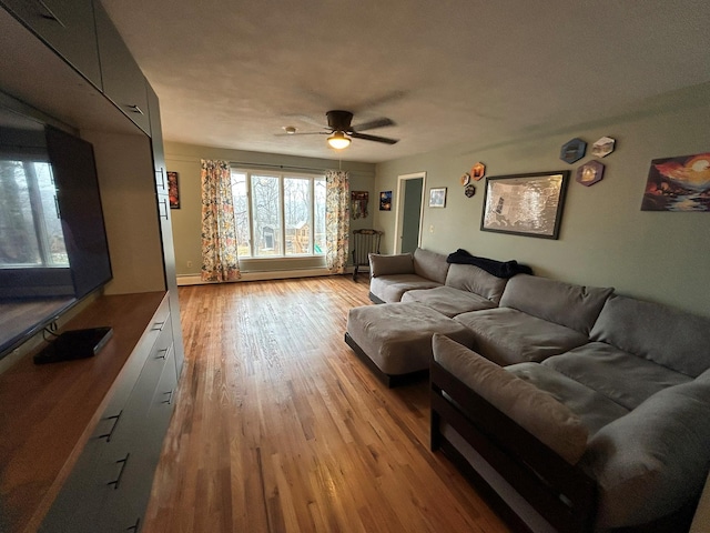 living room featuring ceiling fan and light hardwood / wood-style flooring