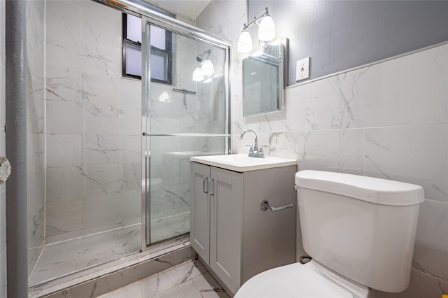 bathroom with an enclosed shower, vanity, and toilet