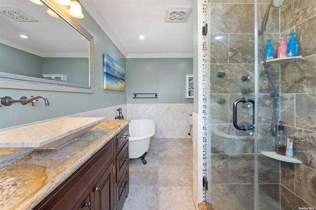 bathroom with crown molding, vanity, shower with separate bathtub, and tile walls