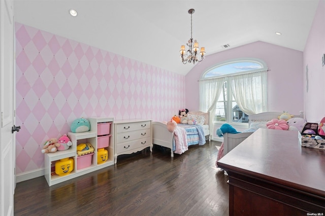 bedroom featuring a notable chandelier, vaulted ceiling, and dark hardwood / wood-style floors