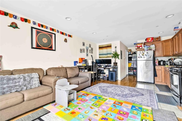 living room featuring light tile patterned floors