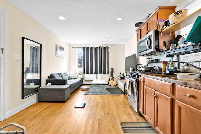 kitchen featuring stainless steel appliances and light hardwood / wood-style flooring