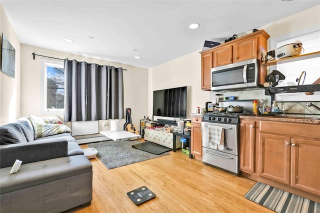 kitchen featuring stainless steel appliances, tasteful backsplash, and light wood-type flooring