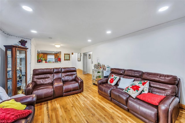 living room featuring crown molding and hardwood / wood-style floors